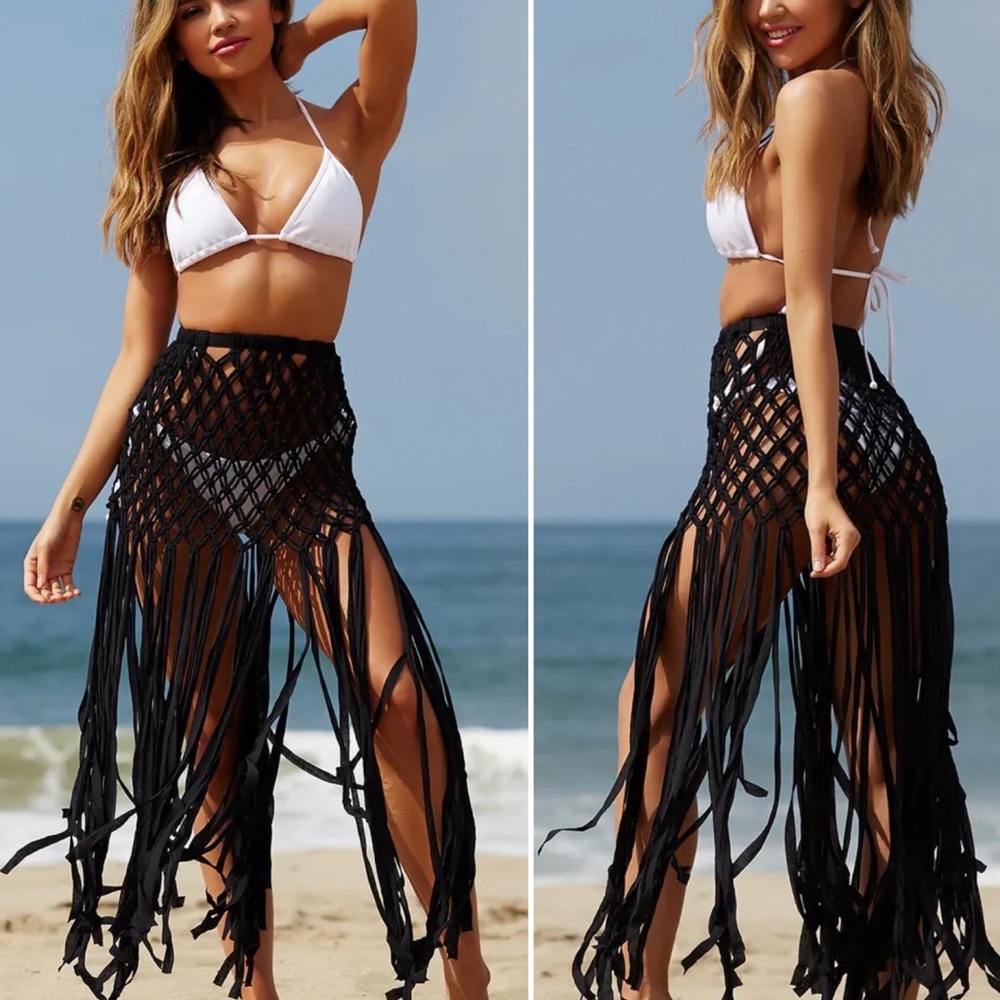 DOLL Mercier Tan Fringed Crochet Beach Skirt